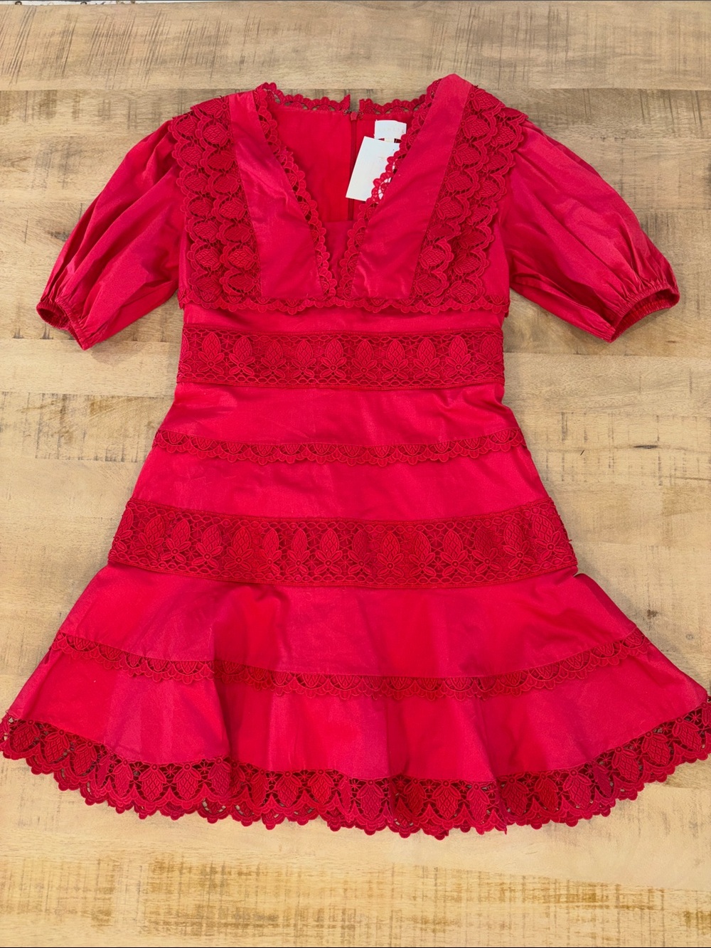 Karlie Solid Lace Puff Sleeve Dress Large NWT Preppy Feminine Red Party $130